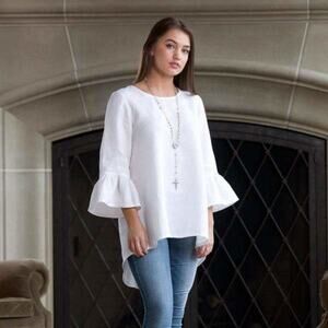 Crown Linen Designs White Bella Bell Sleeve Top Hi-low Tunic Blouse Size M